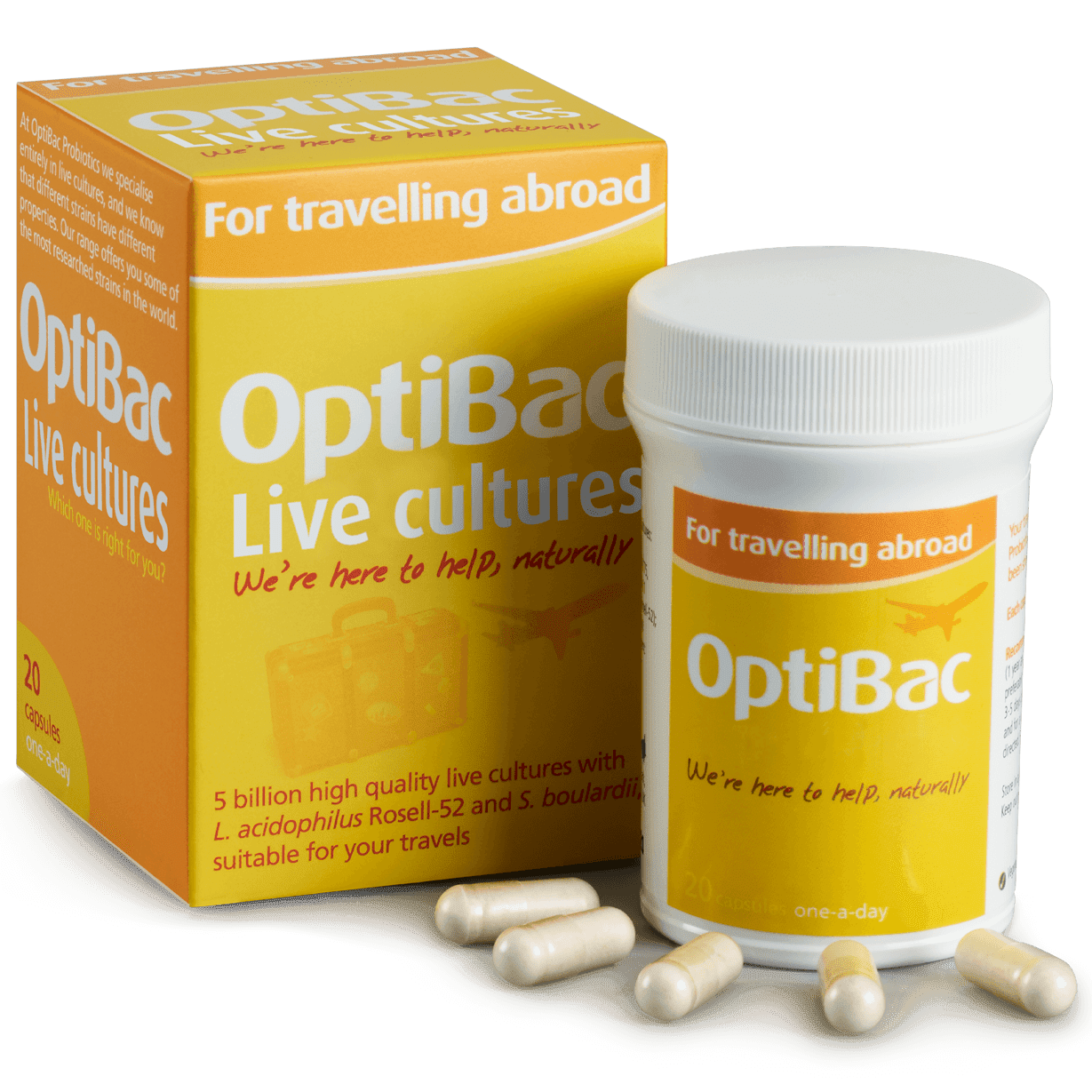 Optibac Probiotics For travelling abroad (20 capsules) pack contents
