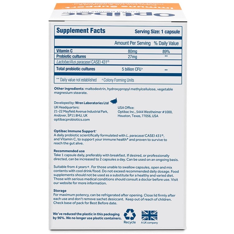 Optibac Probiotics | Immune Support | back of pack | 30 capsules