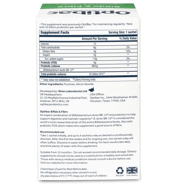 Optibac Probiotics Bifido & Fibre - back of pack