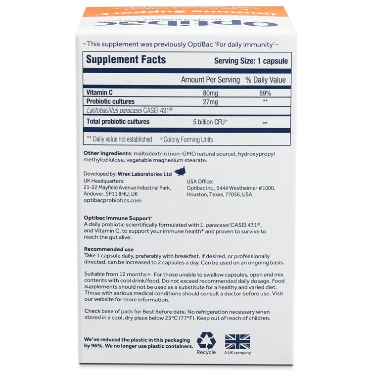 Optibac Probiotics | Immune Support | back of pack | 60 capsules