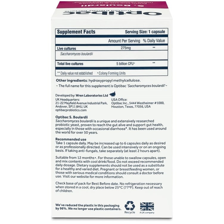 Optibac Probiotics | Saccharomyces boulardii | back of pack | 80 capsules