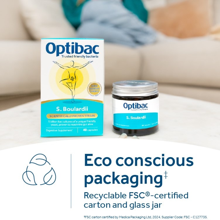 Optibac Probiotics Saccharomyces boulardii - eco conscious, plastic freepackaging - 40 capsules