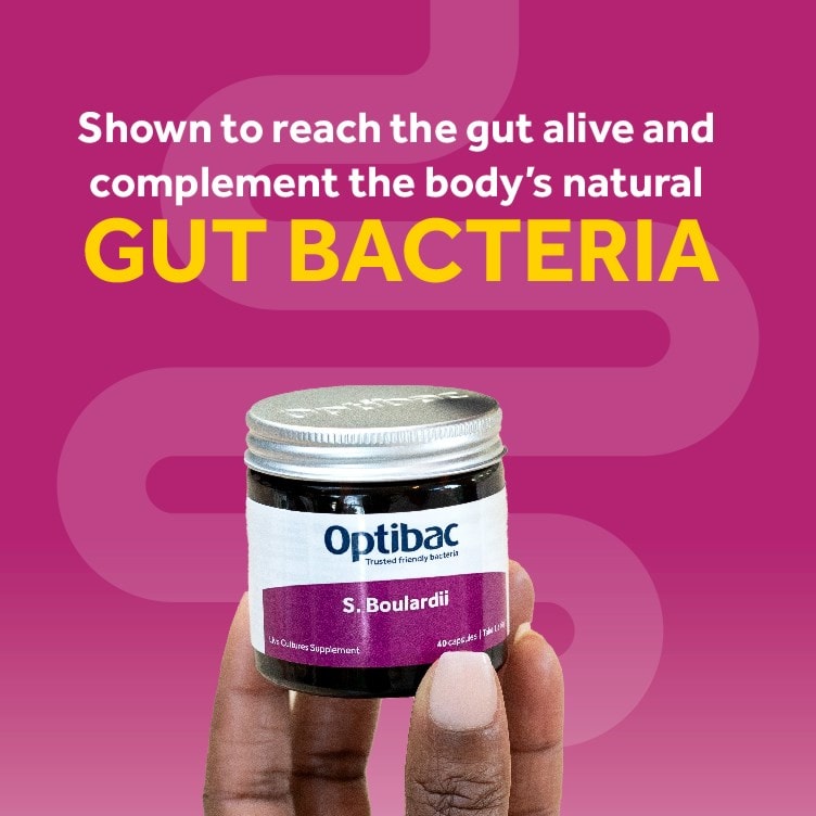 Optibac Probiotics Saccharomyces boulardii - shown to reach the gut alive and complement the body's natural gut bacteria