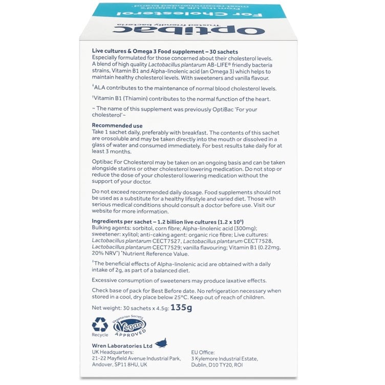 Optibac Probiotics | For Cholesterol | back of pack | 60 sachets