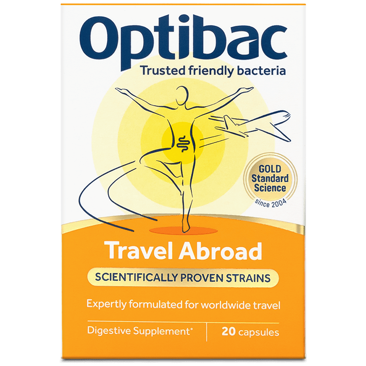 Optibac Probiotics Travel Abroad - scientifically proven probiotics for travel - front of pack