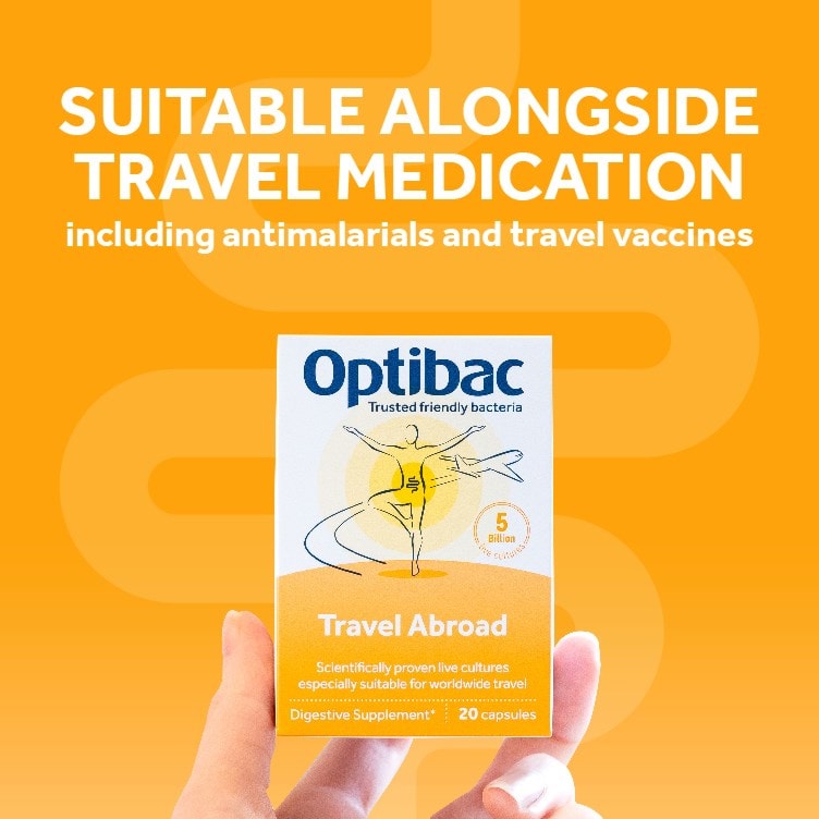 Optibac Probiotics Travel Abroad - suitable to take alongside travel medication, including antimalarials and travel vaccines