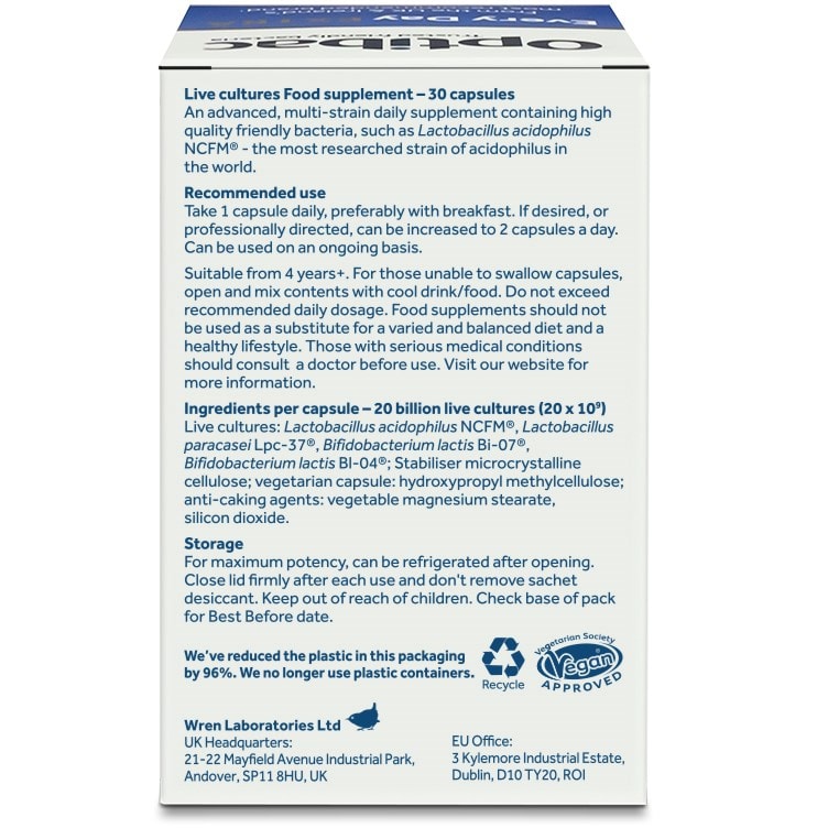 Optibac Probiotics UK | Every Day EXTRA | back of pack | 30 capsules