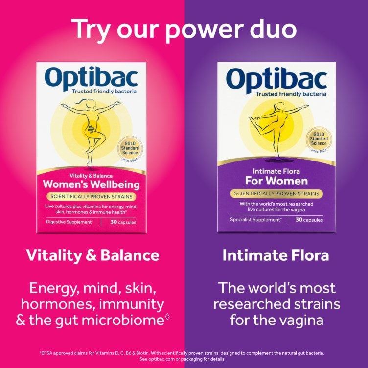 Our power duo - Optibac Probiotics Women's Wellbeing for vitality and balance, plus Optibac Probiotics For Women for intimate flora