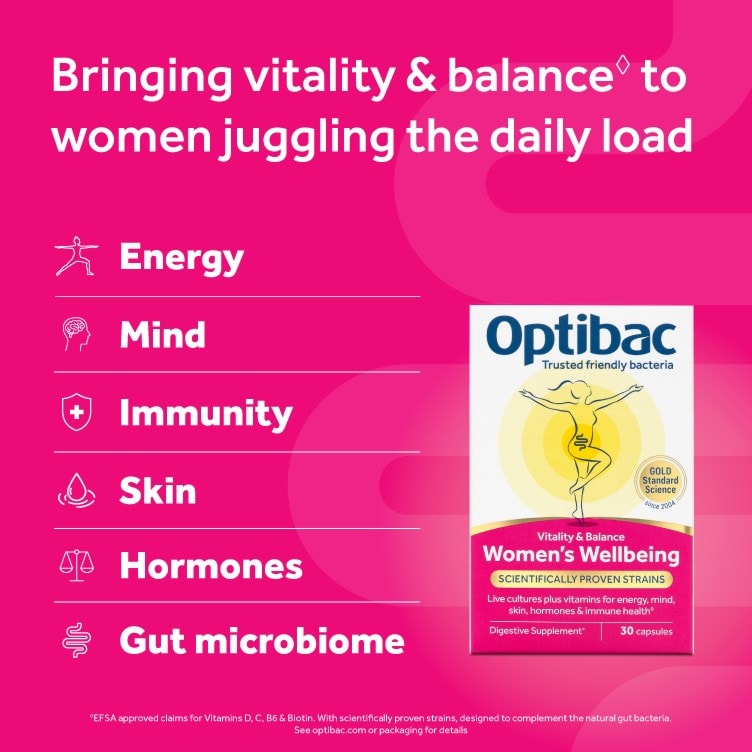 Optibac Probiotics Women's Wellbeing - bringing vitality and balance to women juggling the daily load