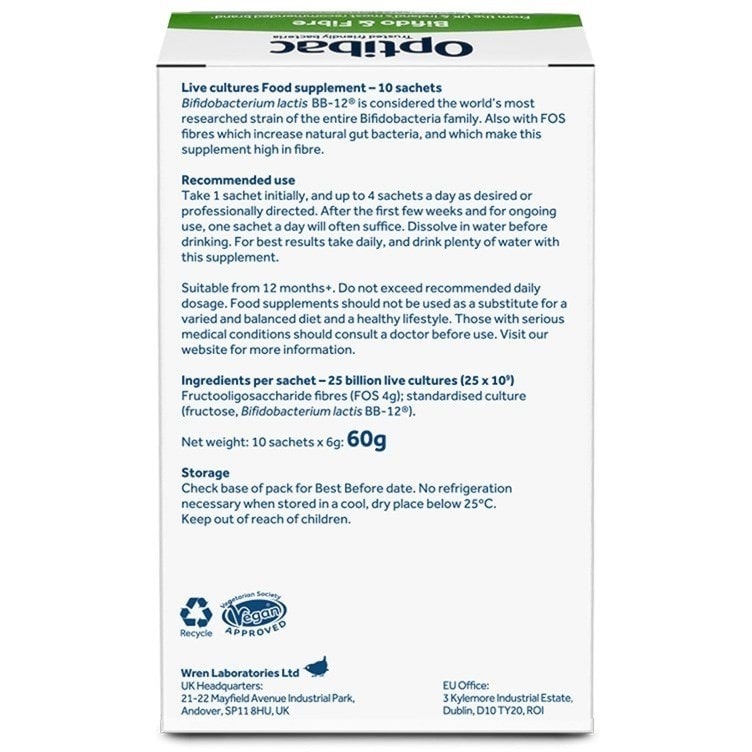 Optibac Probiotics Bifido & Fibre - high fibre probiotics - back of pack