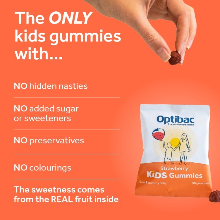 Optibac Probiotics Kids Gummies - the only kids probioitc gummies made with real fruit and no colourings