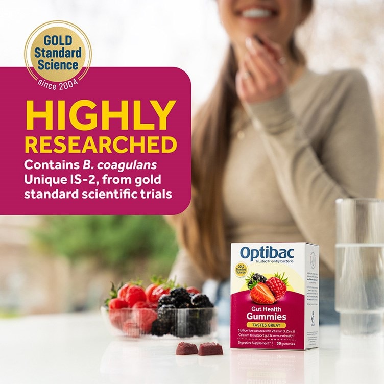 Optibac Gut Health Gummies - probiotic gummies containing Bacillus coagulans Unique IS-2 strain, scientifically studied in gold standard trials - two pack