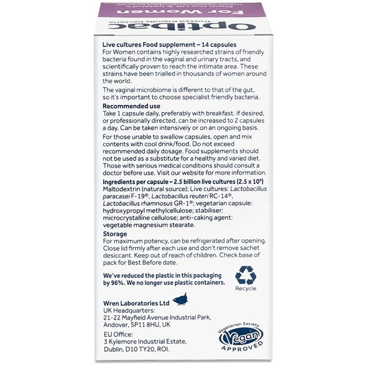 Optibac Probiotics For Women - vaginal probiotics - 14 capsules back of pack