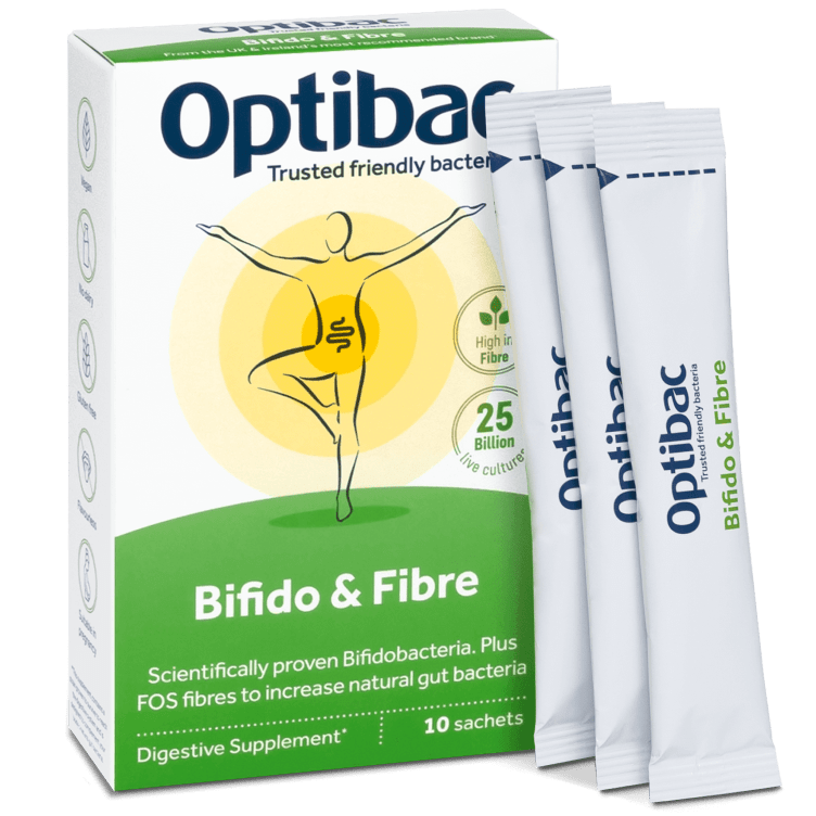 Optibac Probiotics Bifido & Fibre | probiotics for constipation | bifidobacterium probiotic with FOS prebiotic | 10 sachets