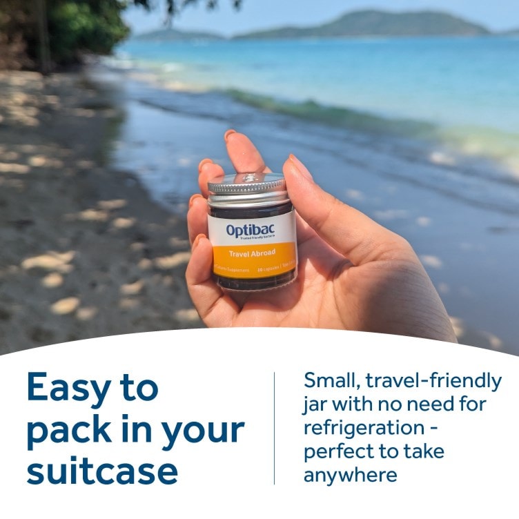 Optibac Probiotics Travel Abroad - easy to pack, travel-friendly jar with no need for refrigeration