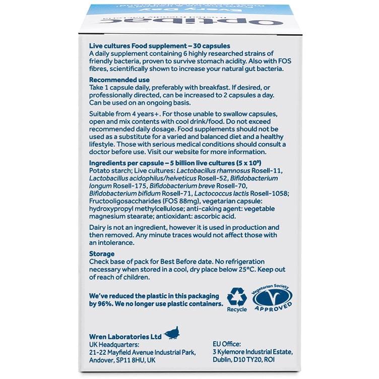 Optibac Probiotics UK | Every Day | back of pack | 30 capsules