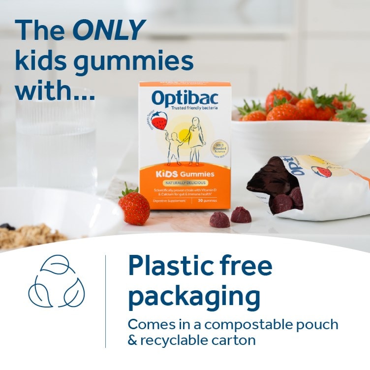 Optibac Probiotics Kids Gummies - kids probiotic gummies which come in 100% plastic free packaging and are home compostable