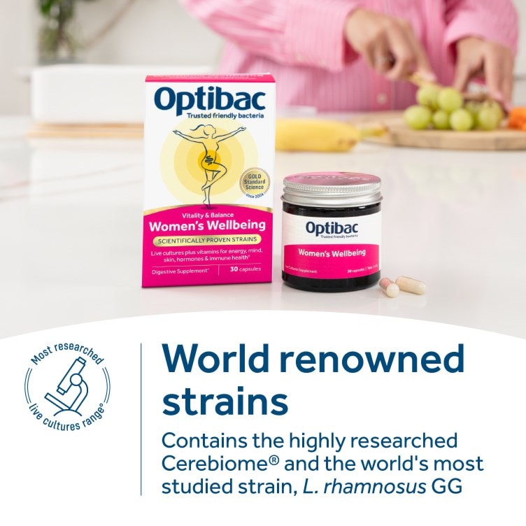 Optibac Probiotics Women's Wellbeing - contains the highly researched Cerebiome and the world's most studied strain, L Rhamnosus GG