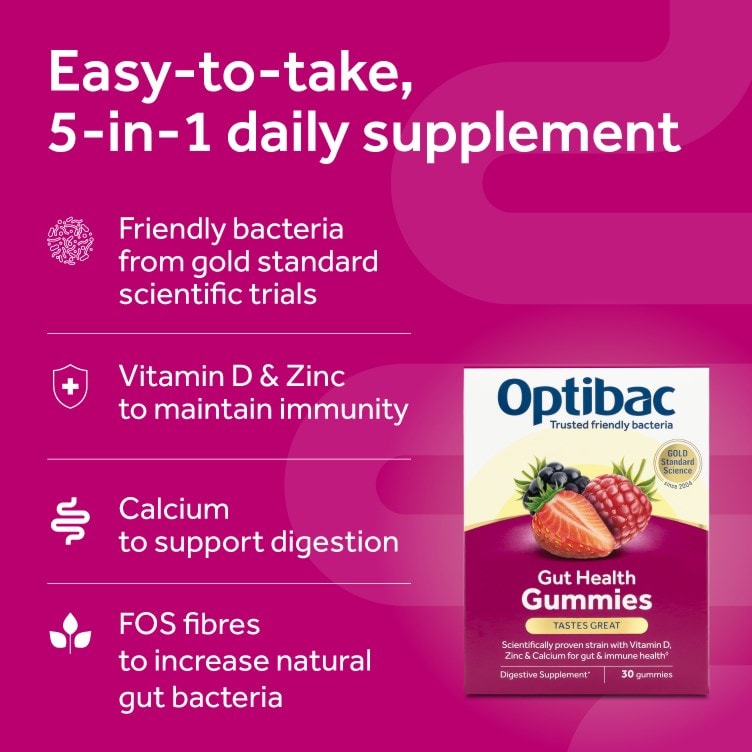 Optibac Gut Health Gummies - probiotic gummies containing Vitamin D & Zinc to maintain immunity, Calcium to support digestion and FOS to increase natural gut bacteria