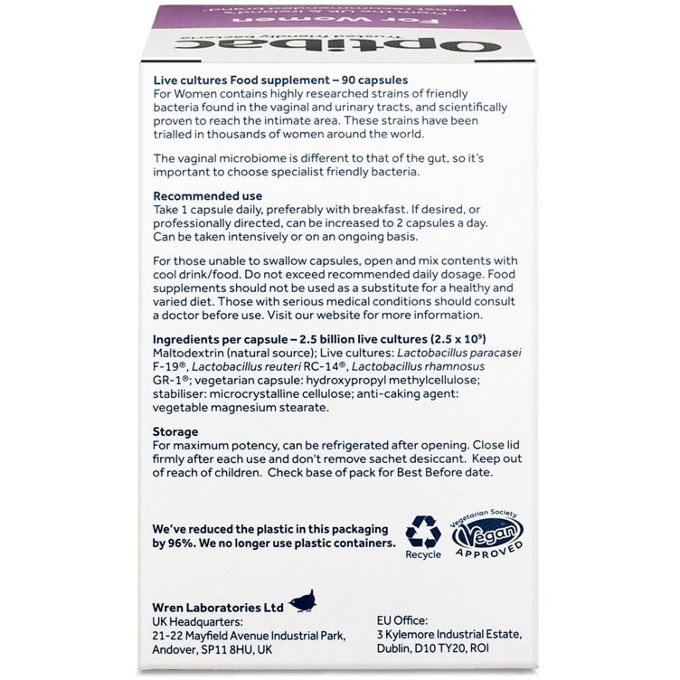 Optibac Probiotics For Women - vaginal probiotics - back of pack - 90 capsules