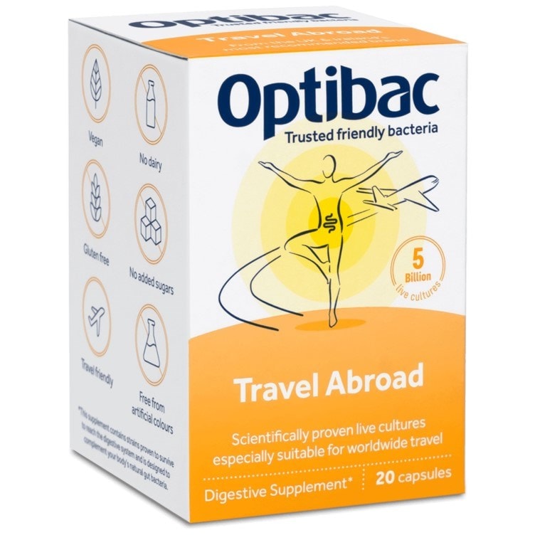 Optibac Probiotics Travel Abroad - scientifically proven probiotics for travel - corner of pack