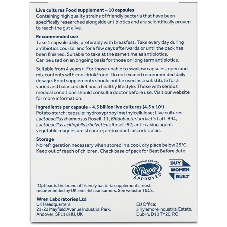 Optibac Probiotics For Those On Antibiotics - back of pack 10 capsules