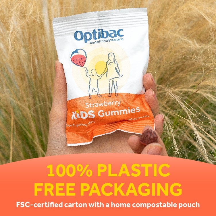 Optibac Probiotics Kids Gummies - kids probiotic gummies which come in 100% plastic free packaging and are home compostable - three pack