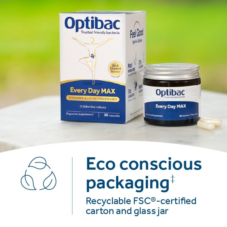 Optibac Probiotics Every Day MAX in eco conscious recyclable packaging