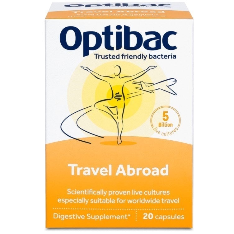 Optibac Probiotics Travel Abroad - scientifically proven probiotics for travel - front of pack