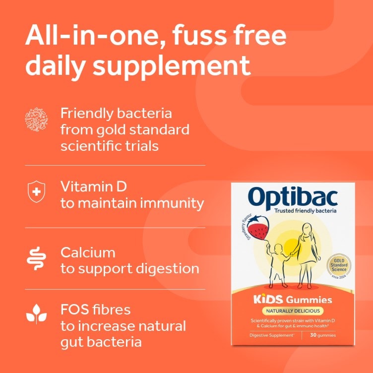 Optibac Probiotics Kids Gummies - all-in-one daily kids probiotic gummy supplement. With Vitamin D, Calcium and FOS fibres to support immunity and digestion