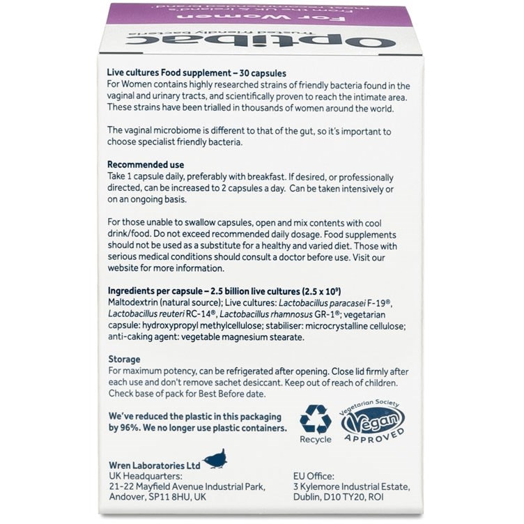 Optibac Probiotics UK | For Women | back of pack | 30 capsules
