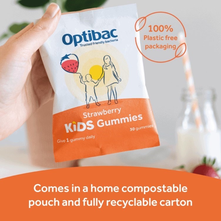 Optibac Probiotics Kids Gummies - kids probiotic gummies which come in 100% plastic free packaging and are home compostable - two pack