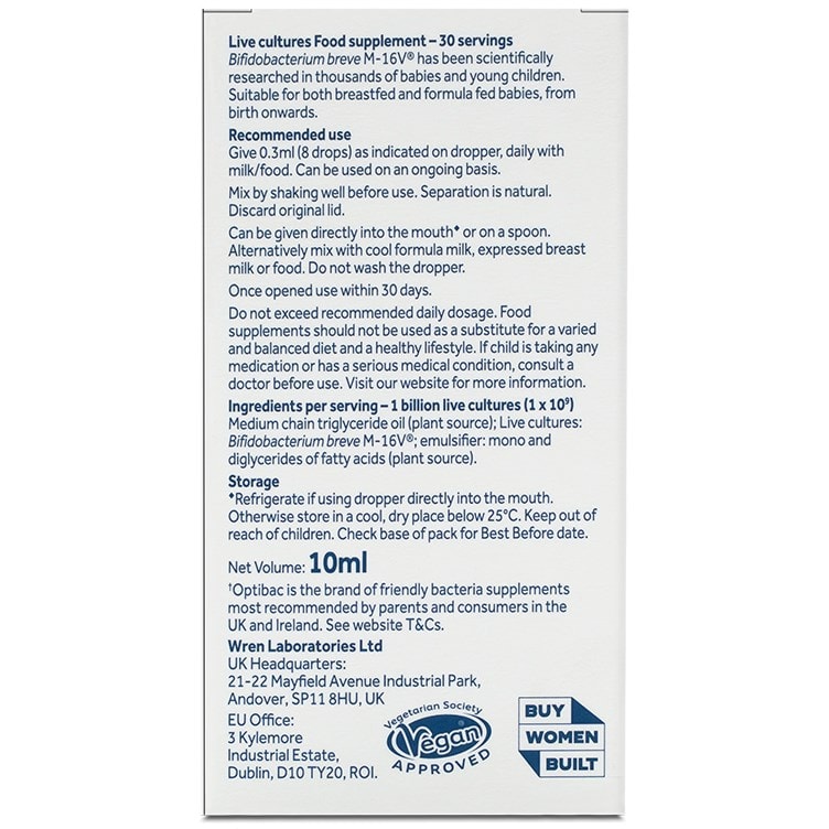 Optibac Probiotics Baby Drops - probiotic drops for babies, infants and young children from birth onwards - back of pack
