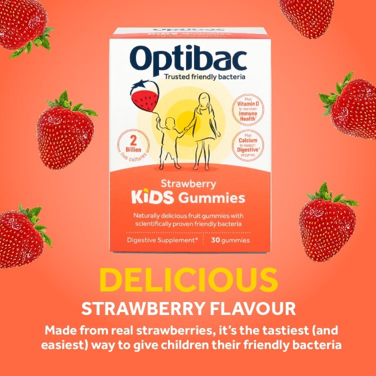 Optibac Probiotics Kids Gummies - delicious and tasty strawberry flavour kids probiotic gummies made from real strawberries