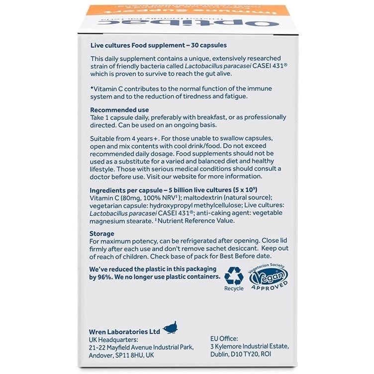 Optibac Probiotics UK | Immune Support | back of pack | 30 capsules