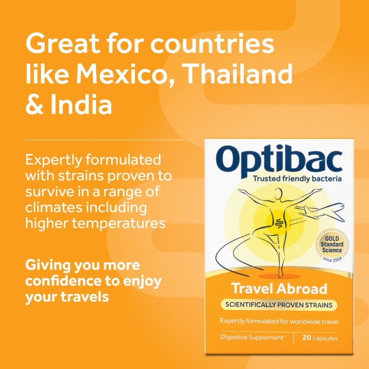 Optibac Probiotics Travel Abroad - great for countries like Mexico, Thailand & India with probiotics strains proven to survive in higher temperatures