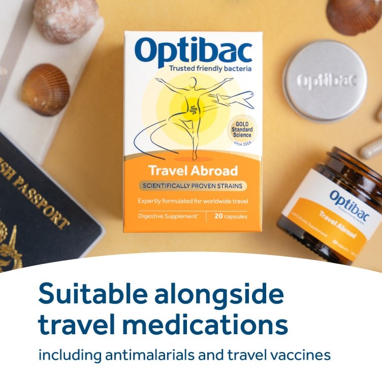 Optibac Probiotics Travel Abroad - suitable to take alongside travel medication, including antimalarials and travel vaccines