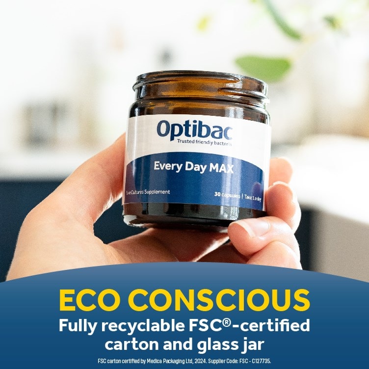 Optibac Probiotics Every Day MAX in eco conscious recyclable packaging