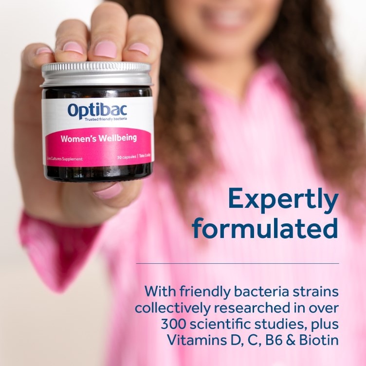 Optibac Probiotics Women's Wellbeing - expertly formulated with friendly bacteria strains collectively researched in over 300 scientific studies, plus Vitamins D, C, B6 & Biotin