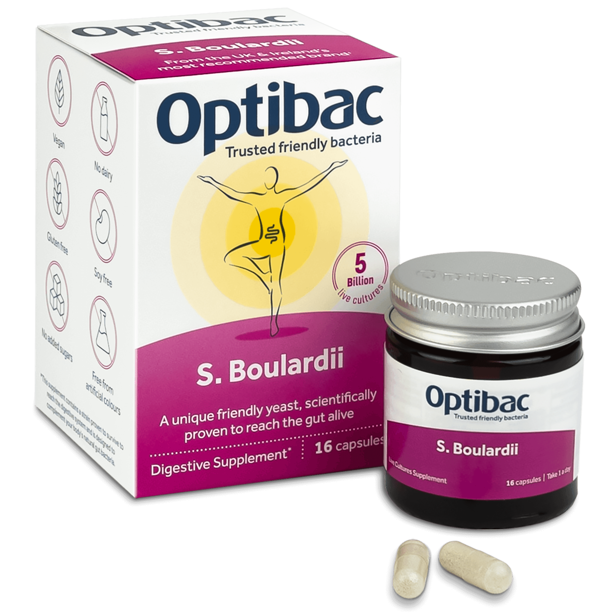 Optibac Probiotics Saccharomyces boulardii (16 capsules) pack contents