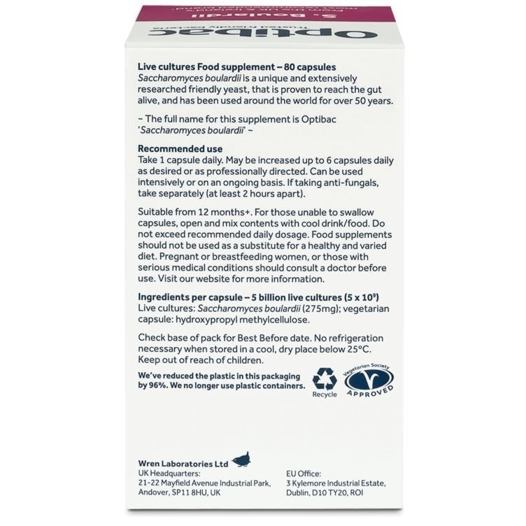 Optibac Probiotics UK | Saccharomyces boulardii | back of pack | 80 capsules