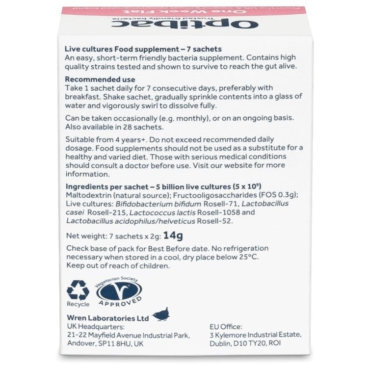 Optibac Probiotics UK | One Week Flat | back of pack | 7 sachets