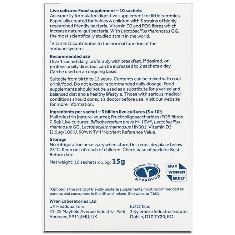 Optibac Probiotics UK | Babies & Children | back of pack | 10 sachets