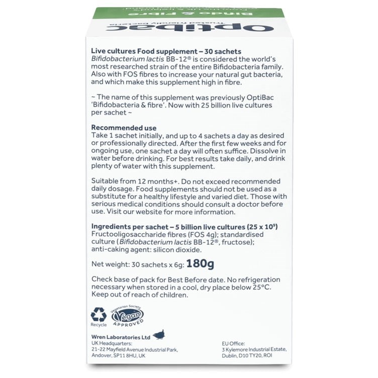 Optibac Probiotics UK | Bifido & Fibre | back of pack | 30 sachets