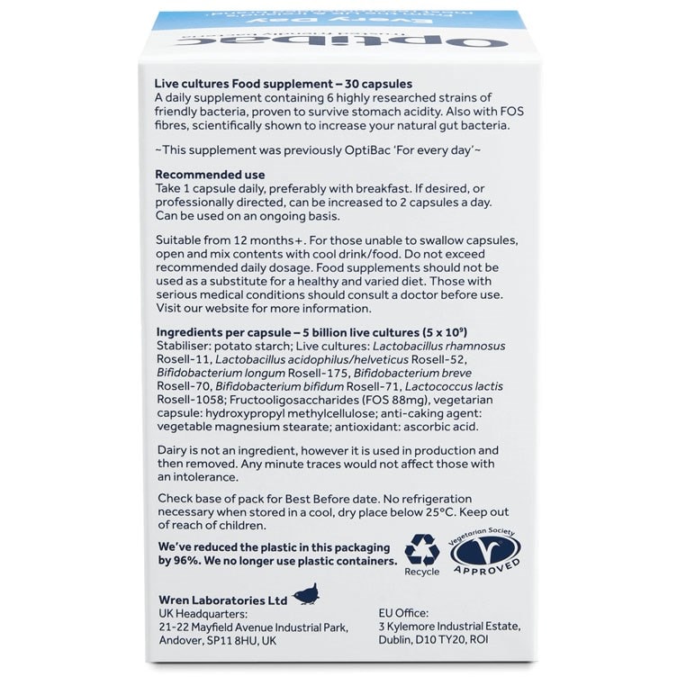 Optibac Probiotics UK | Every Day | back of pack | 30 capsules