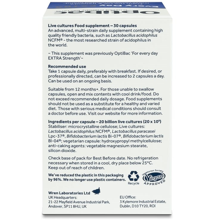 Optibac Probiotics UK | Every Day EXTRA | back of pack | 30 capsules