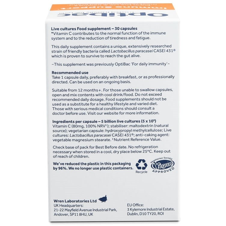 Optibac Probiotics UK | Immune Support | back of pack | 30 capsules