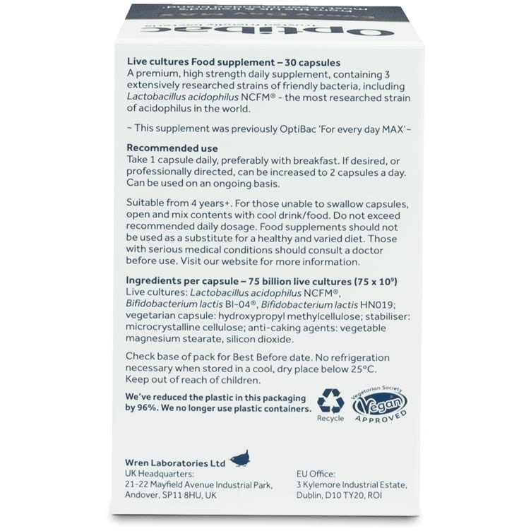 Optibac Probiotics UK | Every Day MAX | back of pack | 30 capsules